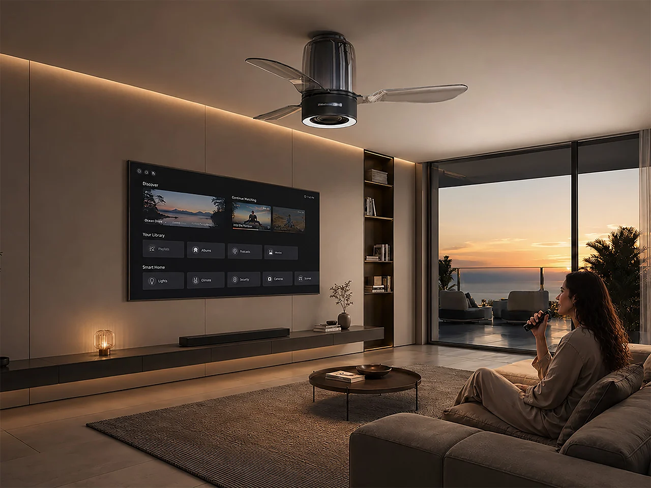 Ventilateur de plafond avec enceinte Hi-Fi 80 W et éclairage intelligent intégré dans un design élégant